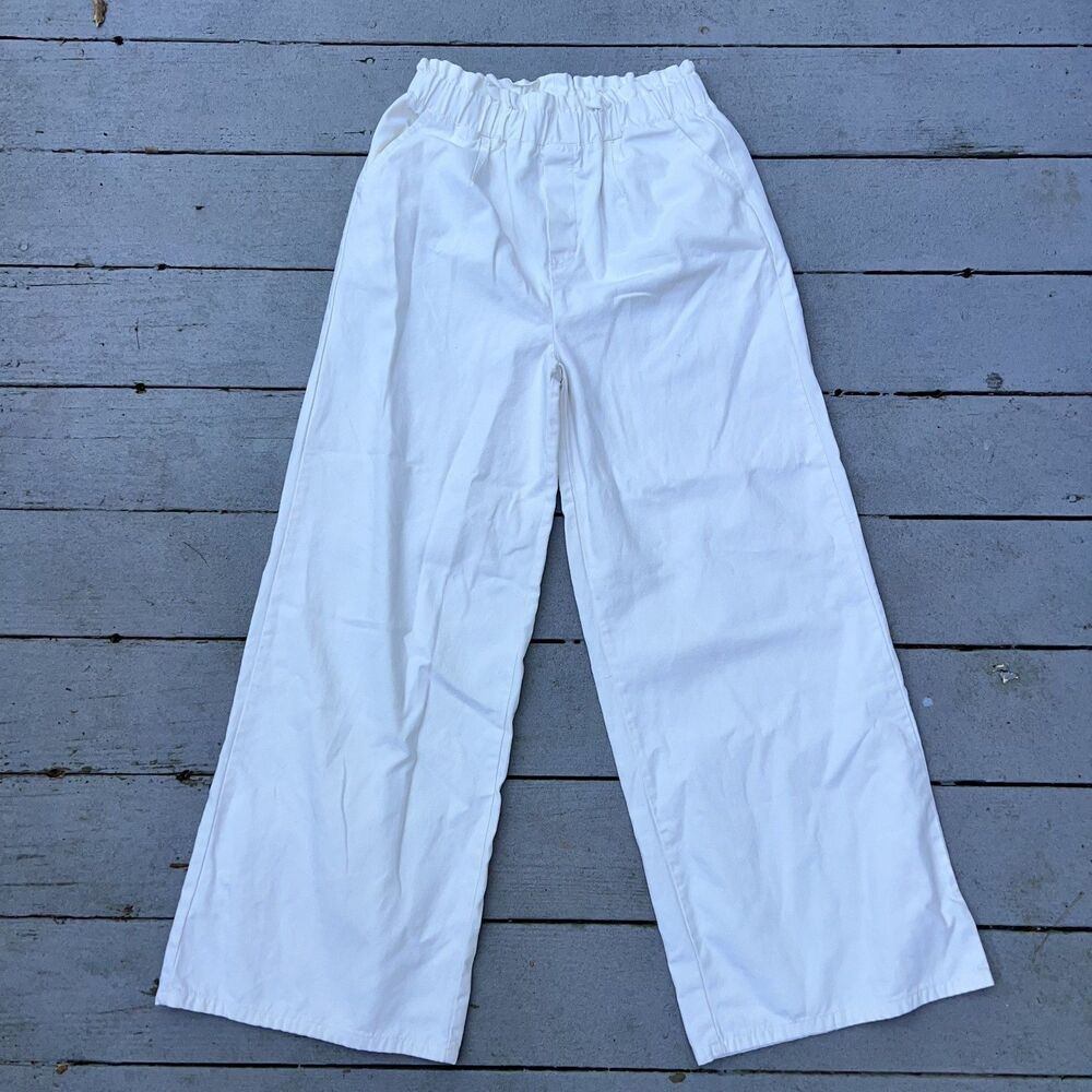 Zenana White Wide Leg Casual Pants Elastic Waistband Cotton-Size L